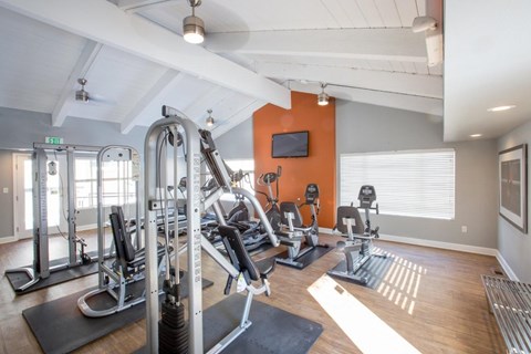 A gym with a variety of equipment including treadmills, weights, and exercise machines.