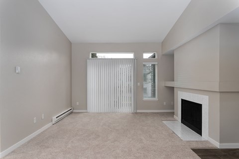 Novela Apartments Living Room with Fireplace and Patio Door