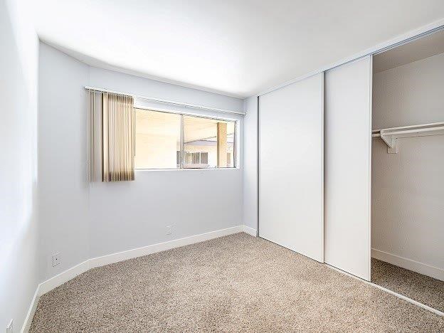 A room with a carpeted floor and a window with blinds.