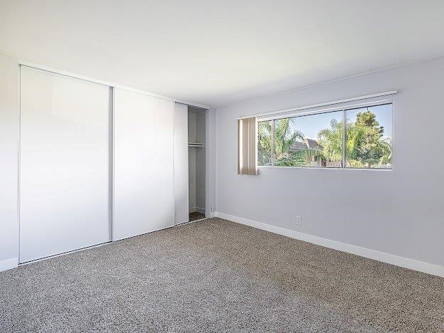A room with a carpeted floor, a window, and a sliding door.