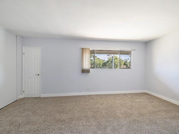 A room with a door and a window with a view of trees outside.