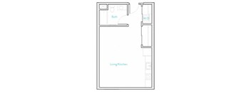 A floor plan of a small apartment with a bath and a living/kitchen area.