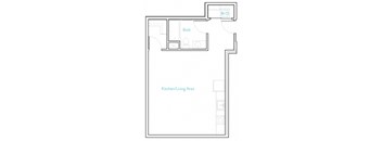 A floor plan of a room with a kitchen/living area and a bath.