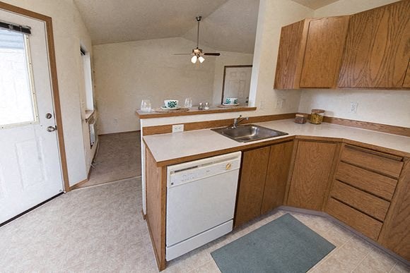 a kitchen with a white dishwasher and a sink
