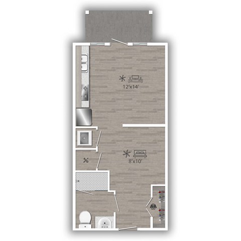 a floor plan of a studio apartment with wood paneling