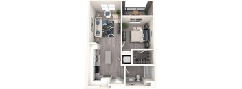 a stylized floor plan with a bedroom and a living room