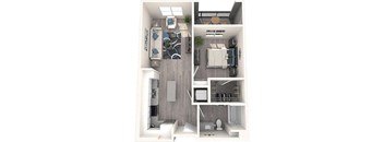 a stylized floor plan with a bedroom and a living room