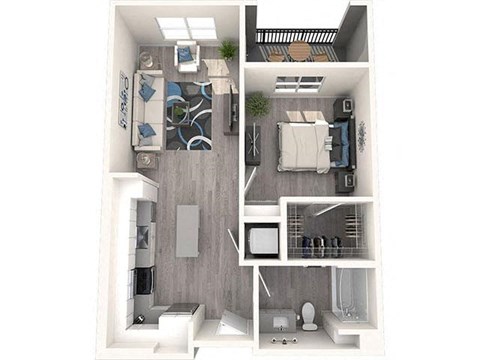 a stylized floor plan with a bedroom and a living room