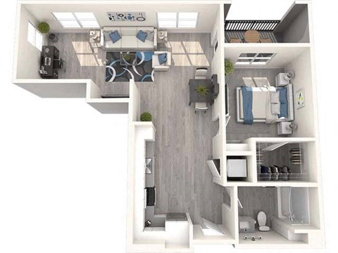 a rendering of a floor plan with a bedroom and a living room