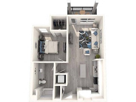 a stylized floor plan with a bedroom and a living room