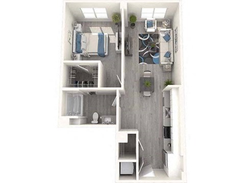 a stylized floor plan with a bedroom and a living room