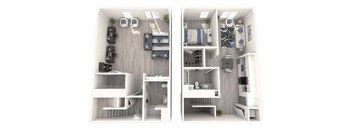 a stylized floor plan with a bedroom and a living room