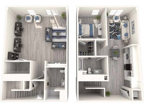 a stylized floor plan with a bedroom and a living room