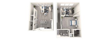 two different layouts of a bedroom and a bathroom