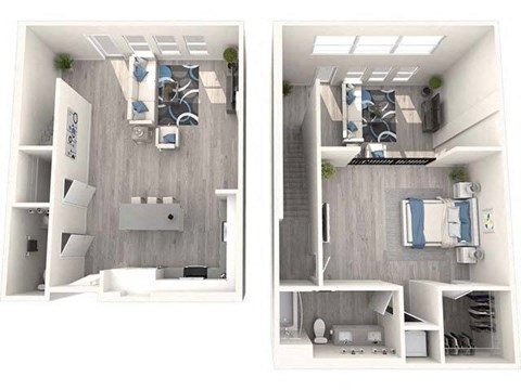 two different layouts of a bedroom and a bathroom