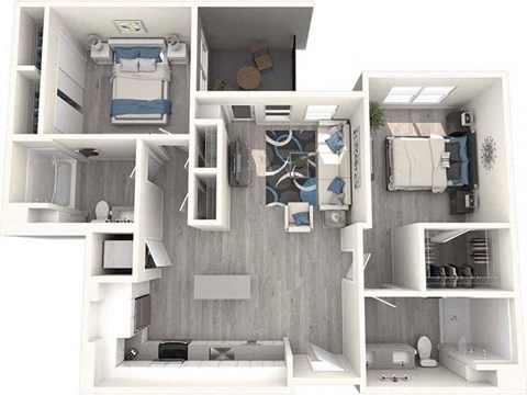 a 3d rendering of a floor plan with bedrooms and a bathroom