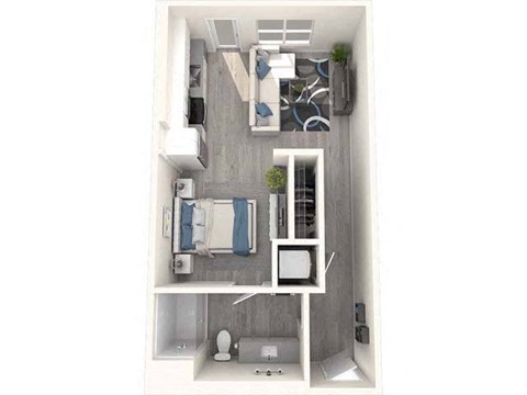 a stylized floor plan with a bedroom and a bathroom