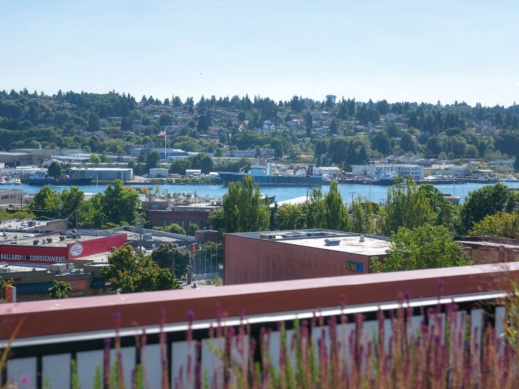 a view of a city with a body of water and trees at Wilcox, Seattle, Washington