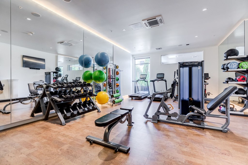 a gym with cardio equipment and mirrors on the wall