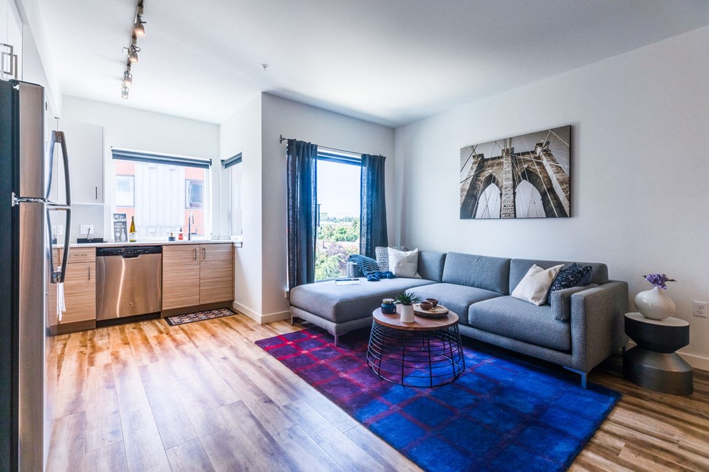 a living room with a blue rug and a gray couch at Wilcox, Seattle, 98107