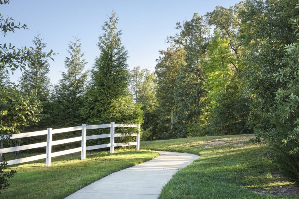 a path through a park with trees and a white fence