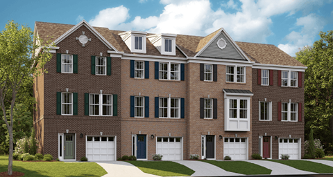 a rendering of a brick building with white doors and windows