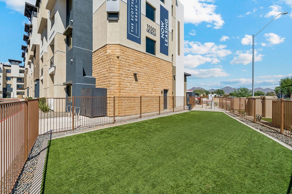 the yard of a building with a green lawn and a fence