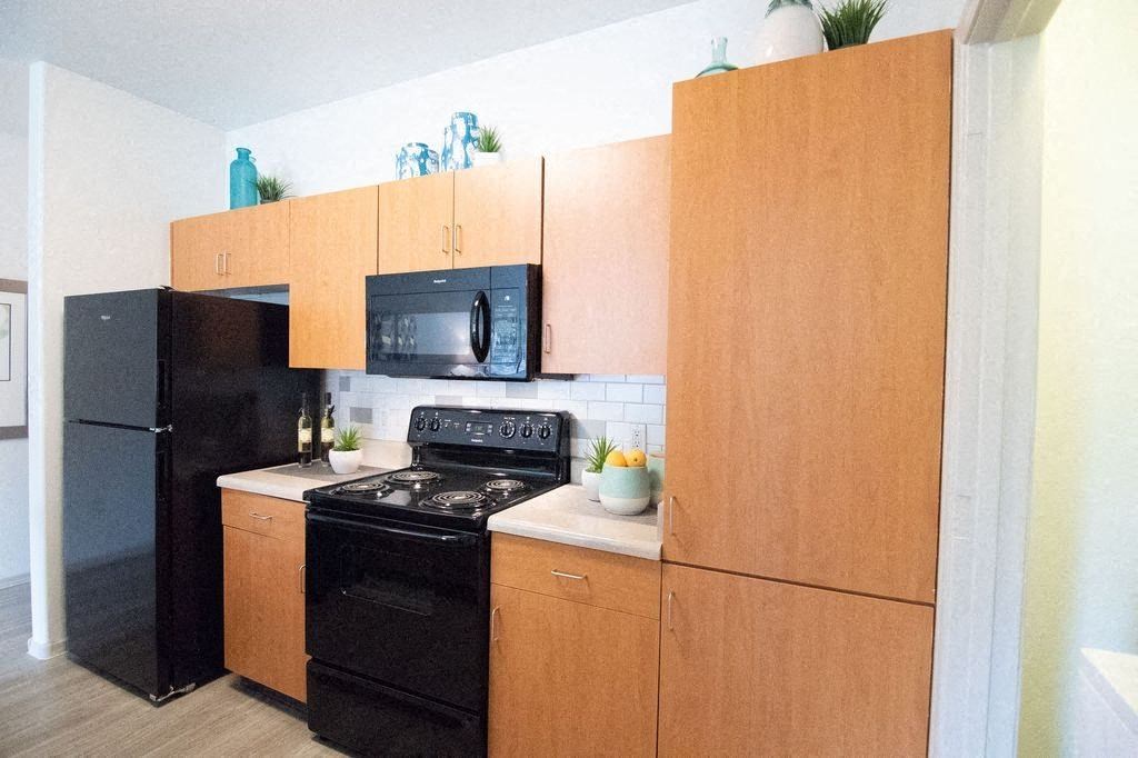 a kitchen with a black stove and a black refrigerator