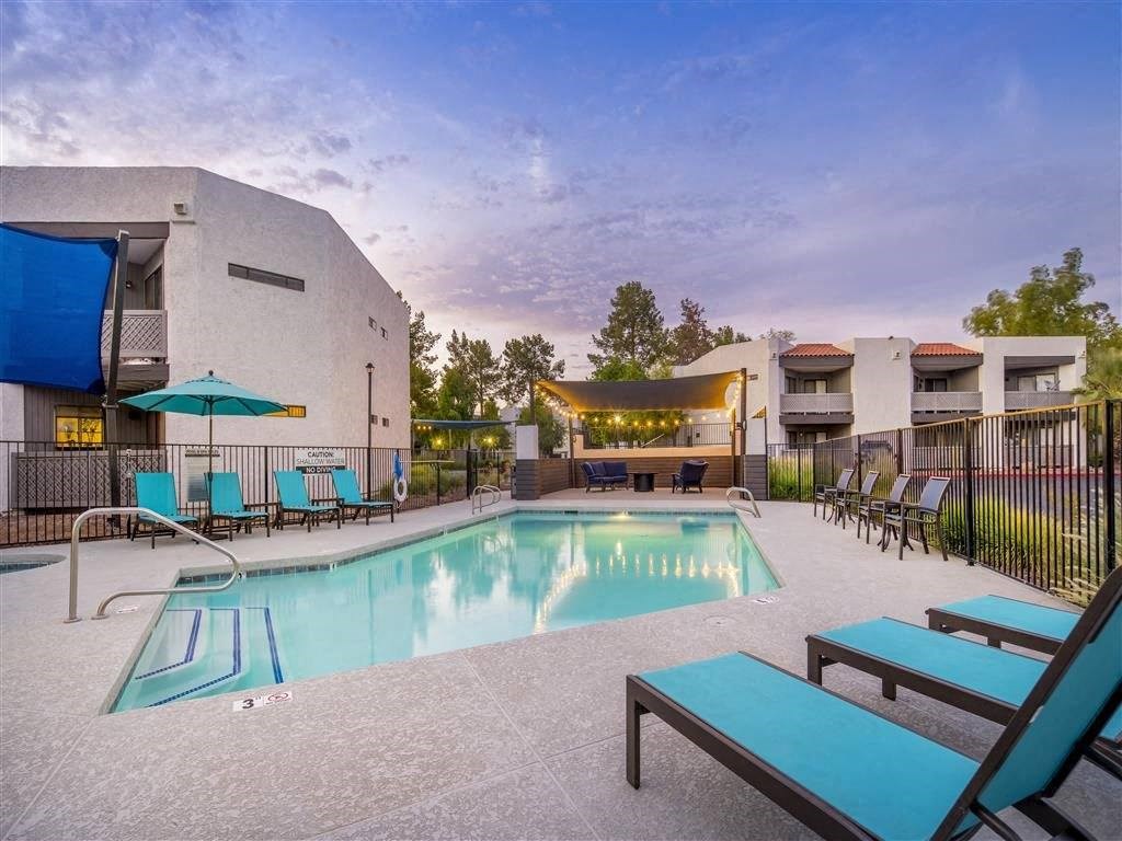 our apartments have a large pool and lounge chairs
