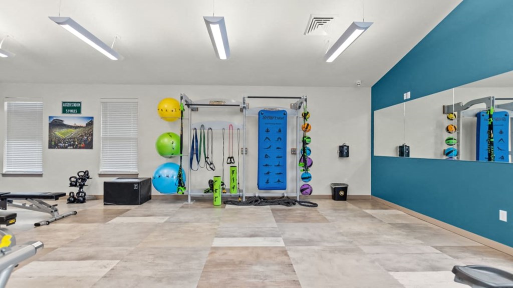 A gym with a variety of equipment including a squat rack, a bench, and a mirror.