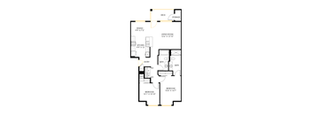 A floor plan of a house with a living room, dining room, kitchen, two bathrooms, and two bedrooms.