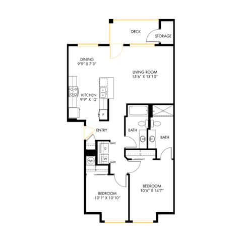A floor plan of a house with a living room, dining room, kitchen, two bathrooms, and two bedrooms.