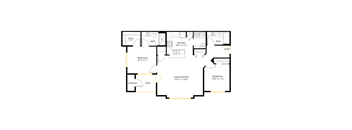 A floor plan of a house with a kitchen, two bathrooms, a living/dining area, and two bedrooms.