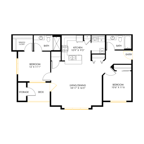 A floor plan of a house with a kitchen, two bathrooms, a living/dining area, and two bedrooms.