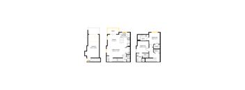Three floor plans for a house with a garage, living room, and two bedrooms.