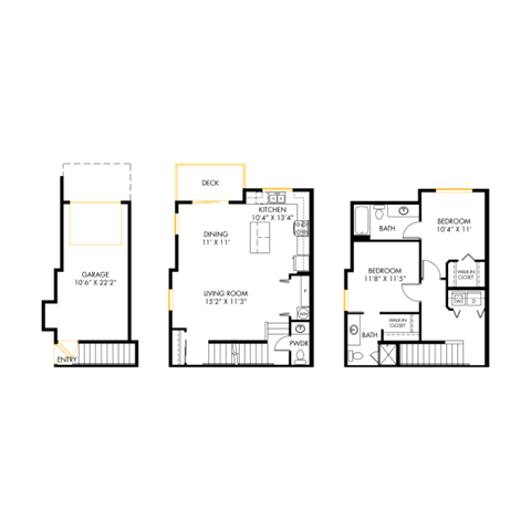 Three floor plans for a house with a garage, living room, and two bedrooms.