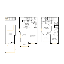 Three floor plans for a house are shown in black and white.