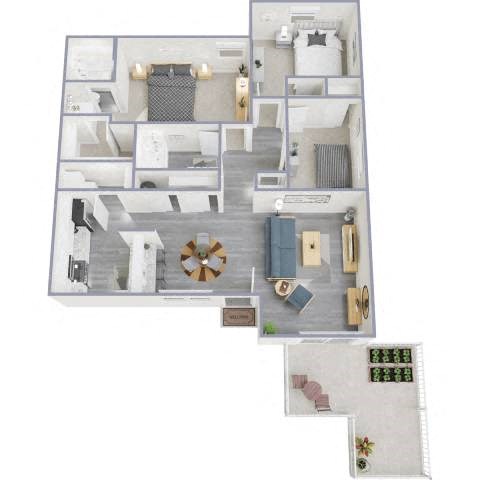 A floor plan of a house with a living room, kitchen, and two bedrooms.