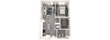 A top-down view of a small apartment with a living room, kitchen, and bathroom.