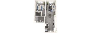 A top-down view of a small, modern apartment with a kitchen, living room, and bathroom.