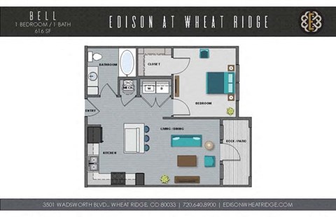 A floor plan of a one bedroom apartment at Edison at Wheat Ridge.