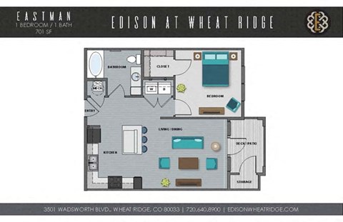A floor plan of a one bedroom apartment at Edison at Wheat Ridge.