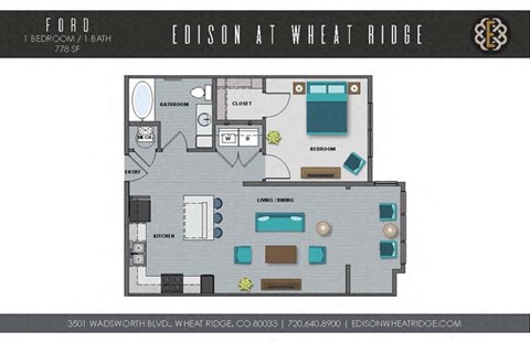 A floor plan of a one bedroom apartment at Edison at Wheat Ridge.