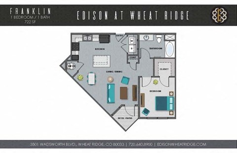A floor plan of a one bedroom apartment at Edison at Wheat Ridge.