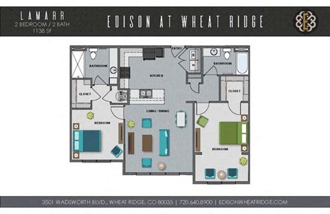 A floor plan of a two bedroom, two bathroom apartment at Edison at Wheat Ridge.