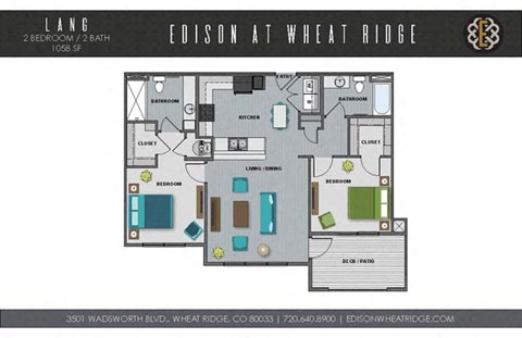 A floor plan of a two bedroom, two bathroom apartment at Edison at Wheat Ridge.