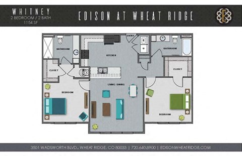 A floor plan of a two bedroom, two bath apartment at Edison at Wheat Ridge.