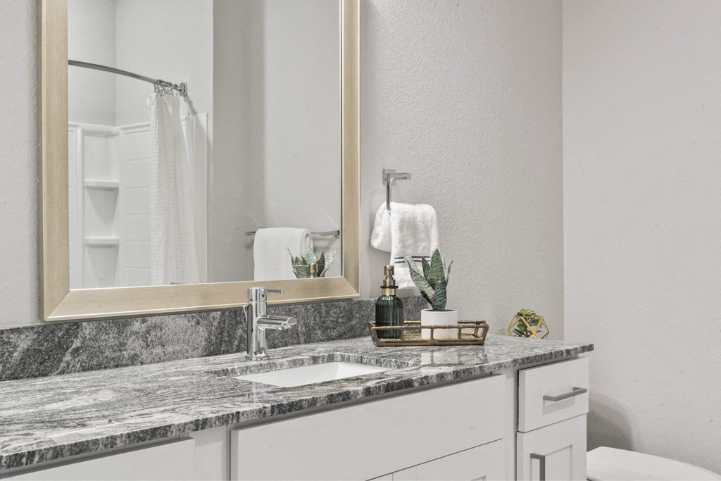 A bathroom with a marble countertop and a large mirror.