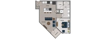 A floor plan of a house with a living room, kitchen, bathroom, and bedrooms.