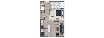 A floor plan of a small apartment with a living room, kitchen, bathroom, and bedroom.